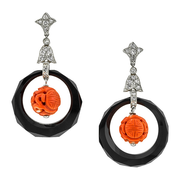 Art Deco Onyx, Coral & Diamond Earrings:: Doyle & Doyle