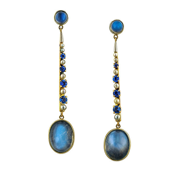 Moonstone Sapphire & Pearl Drop Earrings:: Doyle & Doyle