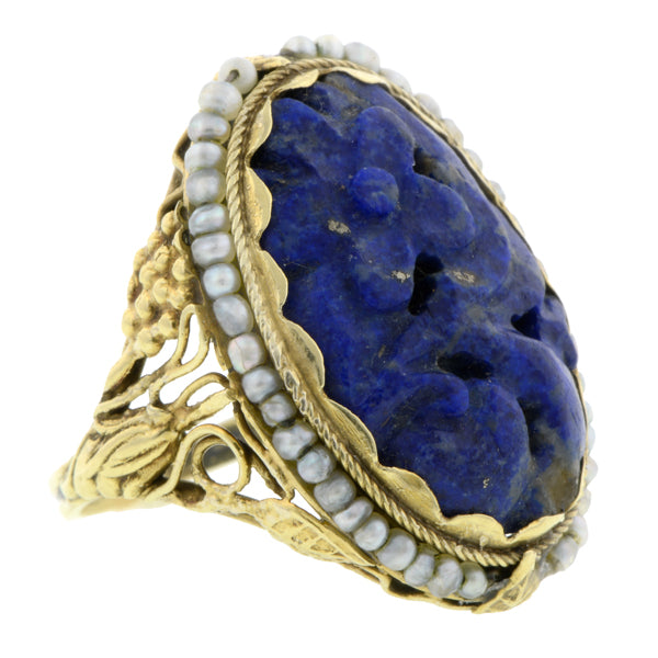 Arts & Crafts Carved Lapis & Pearl Ring:: Doyle& Doyle