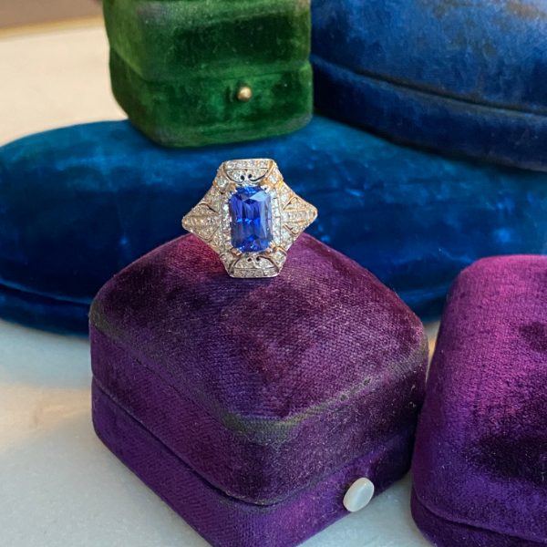 Art Deco Sapphire Dinner Ring sold by Doyle and Doyle an antique and vintage jewelry boutique