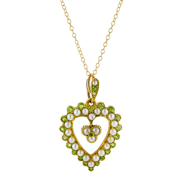 Edwardian Pearl & Demantoid Garnet Heart Pendant