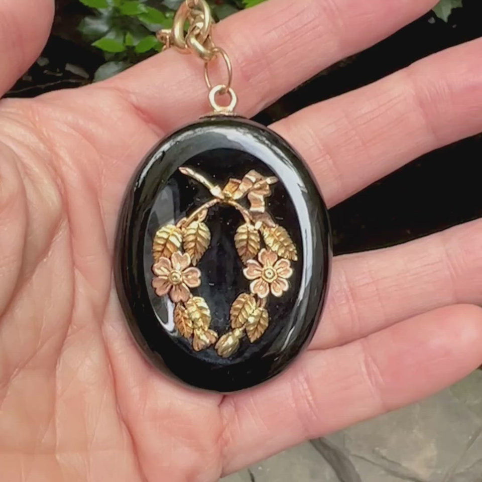 Large Black Onyx Victorian Locket Pendant Necklace