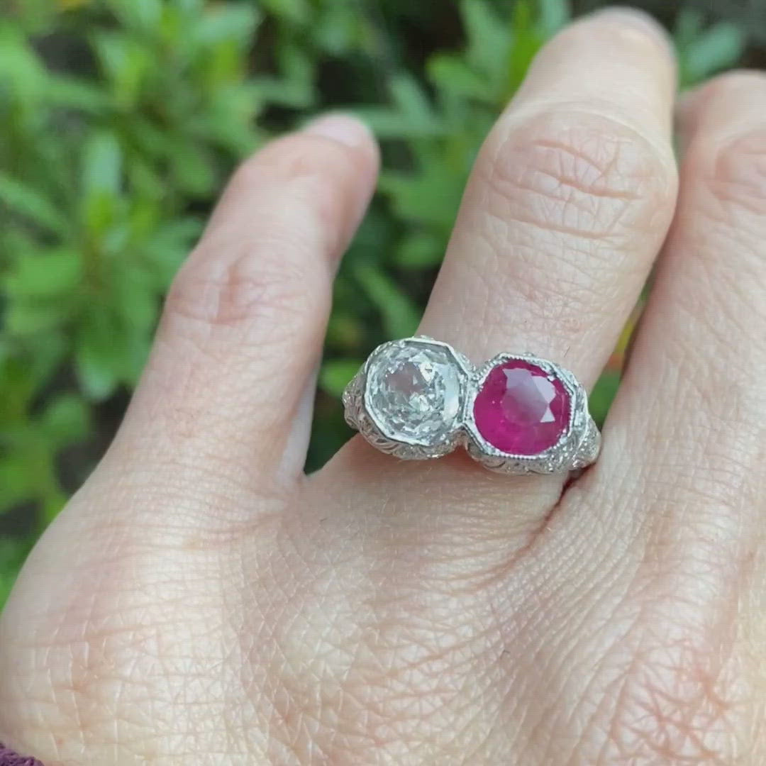 Art Deco Ruby & Diamond Twin Stone Ring sold by Doyle and Doyle an antique and vintage jewelry boutique