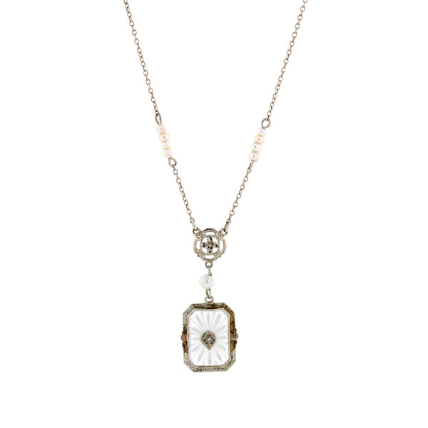 Art Deco Rock Crystal, Diamond & Pearl Necklace