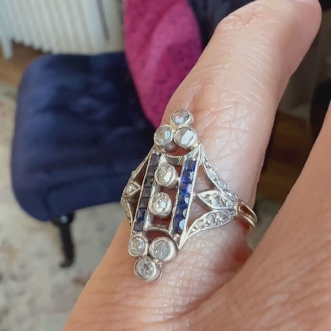 Edwardian Diamond & Sapphire Ring sold by Doyle and Doyle an antique and vintage jewelry boutique
