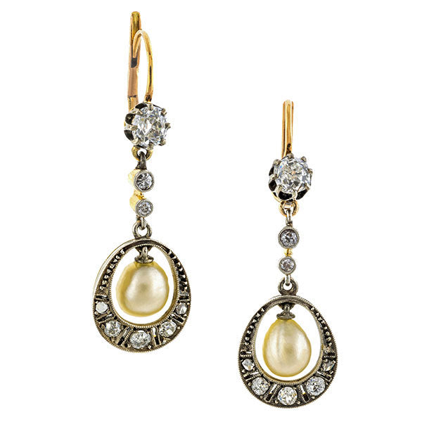 Edwardian Natural Pearl & Diamond Drop Earrings:: Doyle & Doyle