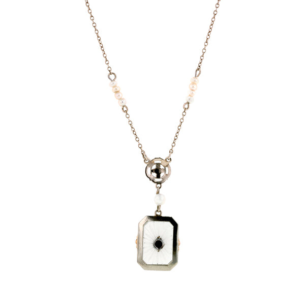 Art Deco Rock Crystal, Diamond & Pearl Necklace