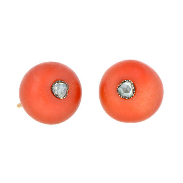 Victorian Rose Cut Diamond & Coral Button Earrings::Doyle & Doyle