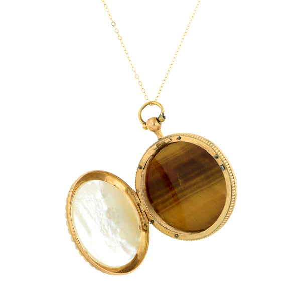 Antique Tigers Eye & Mother of Pearl Locket::