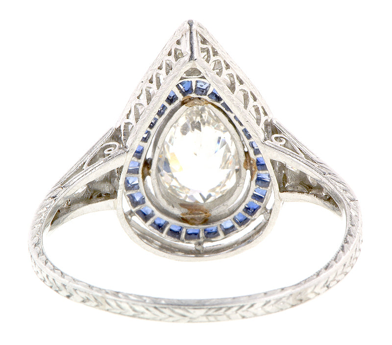 Art Deco Pear Shape .70ct Diamond & Sapphire* Platinum Engagement Ring