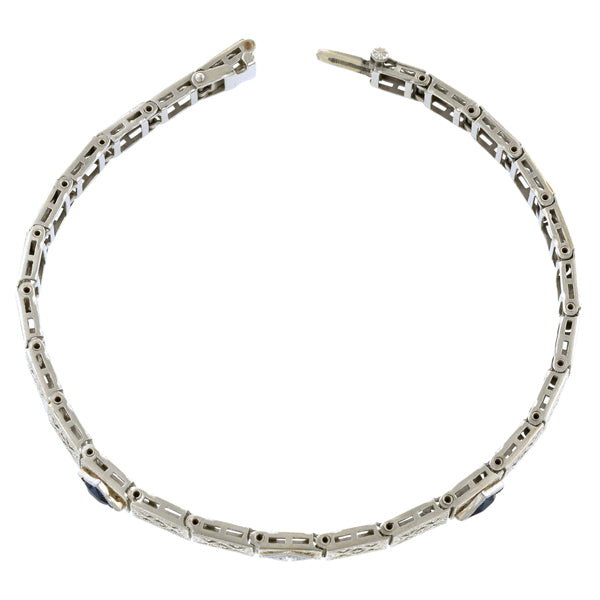 Art Deco Filigree Diamond & Sapphire Bracelet:: Doyle & Doyle