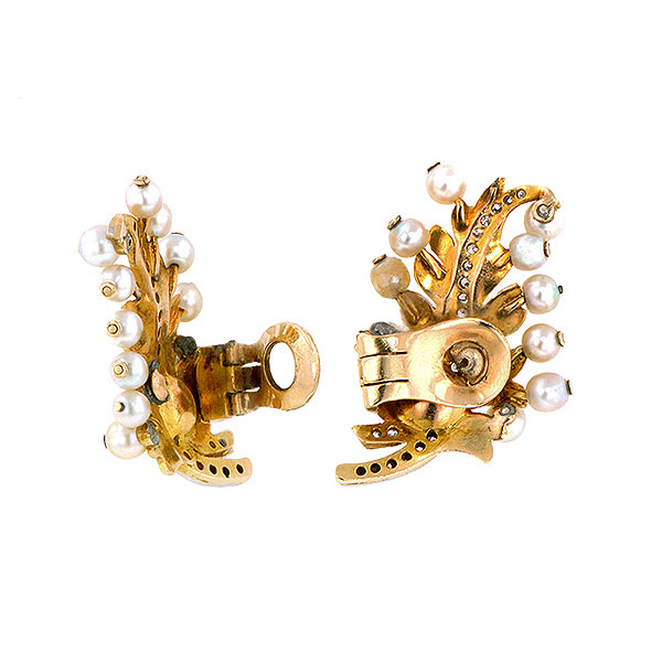 Vintage Pearl* & Diamond Feather Earrings