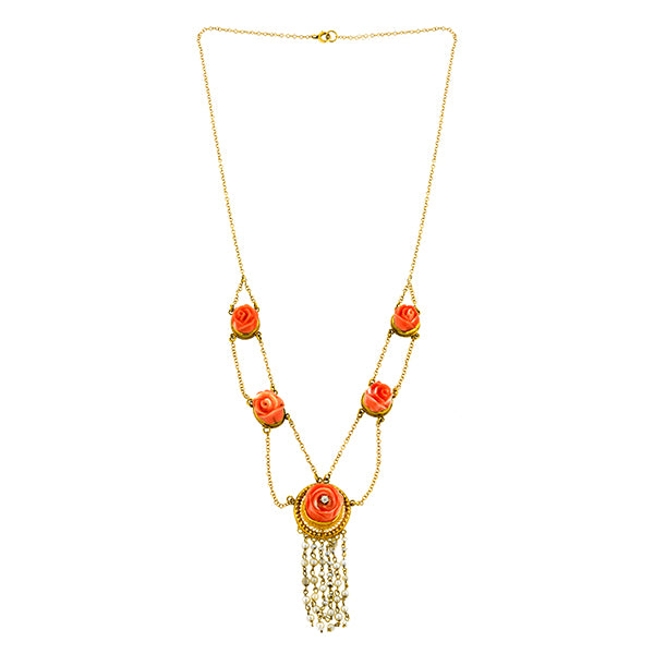 Victorian Carved Coral, Diamond, & Freshwater Pearl Festoon Necklace::  Doyle & Doyle