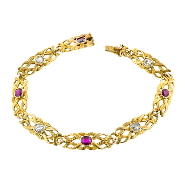 Art Nouveau Diamond & Ruby Link Bracelet:: Doyle & Doyle