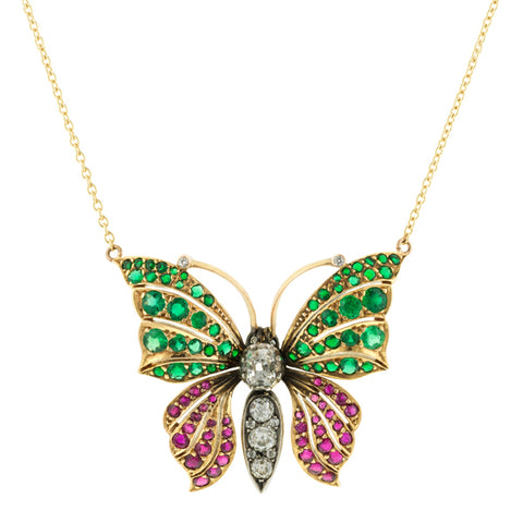 Antique Victorian Ruby, Emerald & Diamond Butterfly Necklace