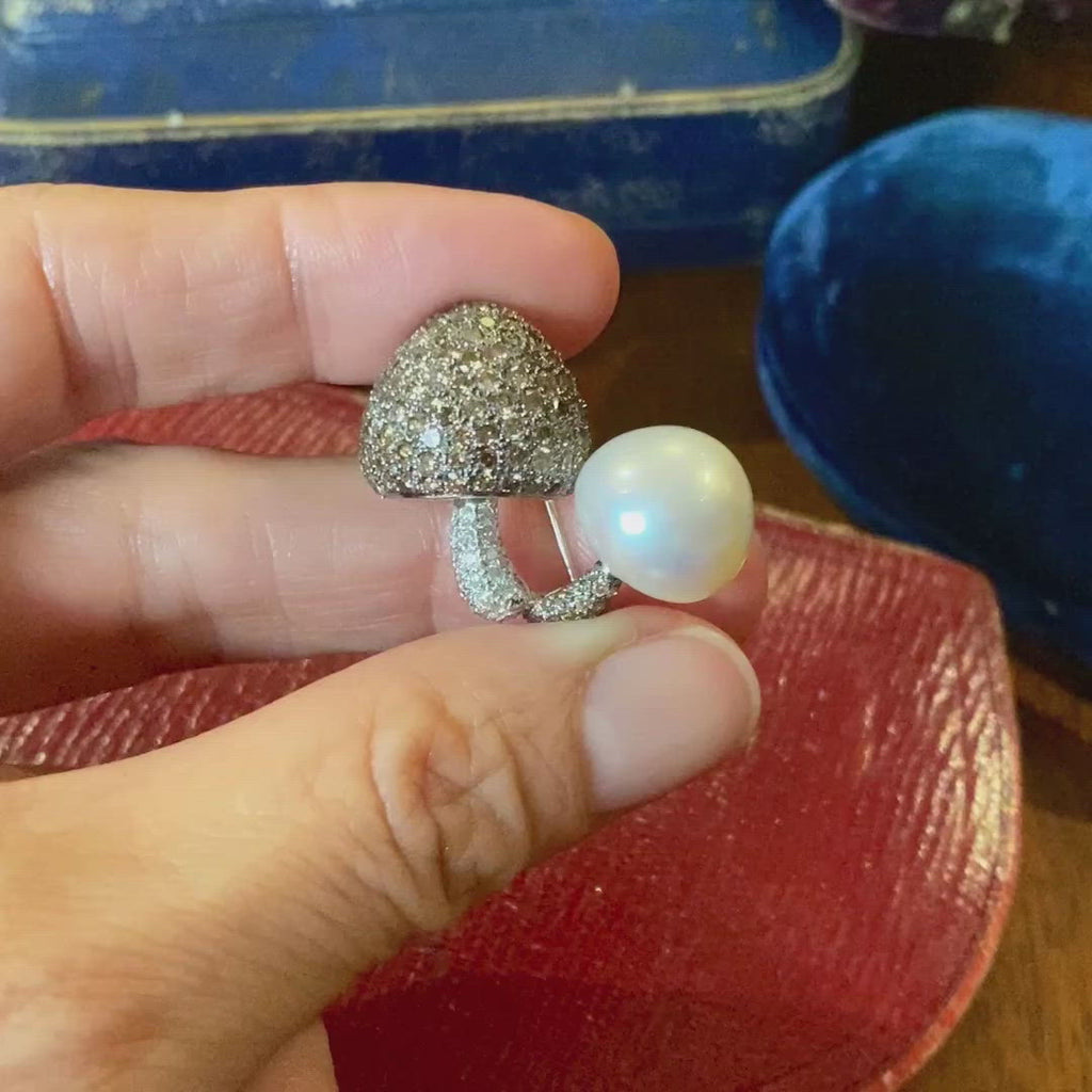 Pearl & Diamond Mushroom Pin sold by Doyle and Doyle an antique and vintage jewelry boutique