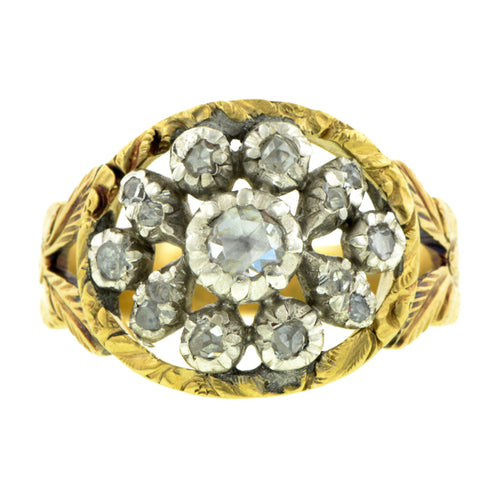Georgian ring: a Yellow Gold & Silver Rose Cut Diamond Cluster Engagement Ring sold by Doyle & Doyle vintage and antique jewelry boutique.