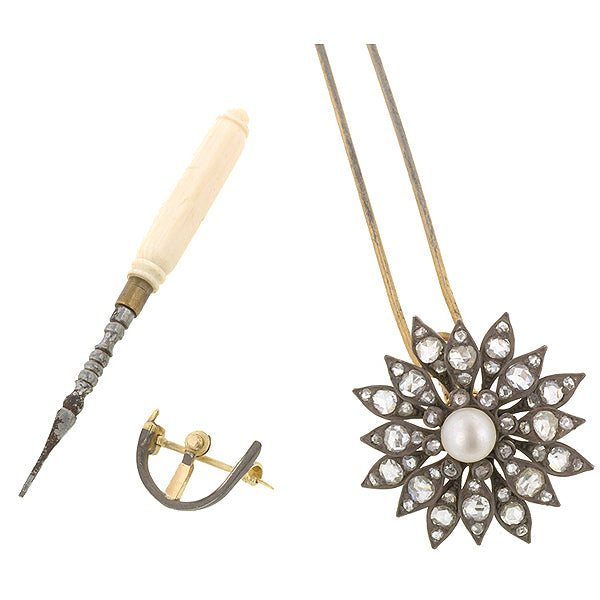 Antique Pearl & Rose Cut Diamond Hair Ornament/Brooch:: Doyle & Doyle