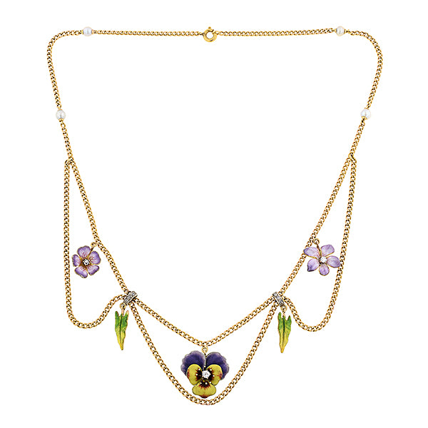 Edwardian Enamel & Diamond Festoon Flower Necklace