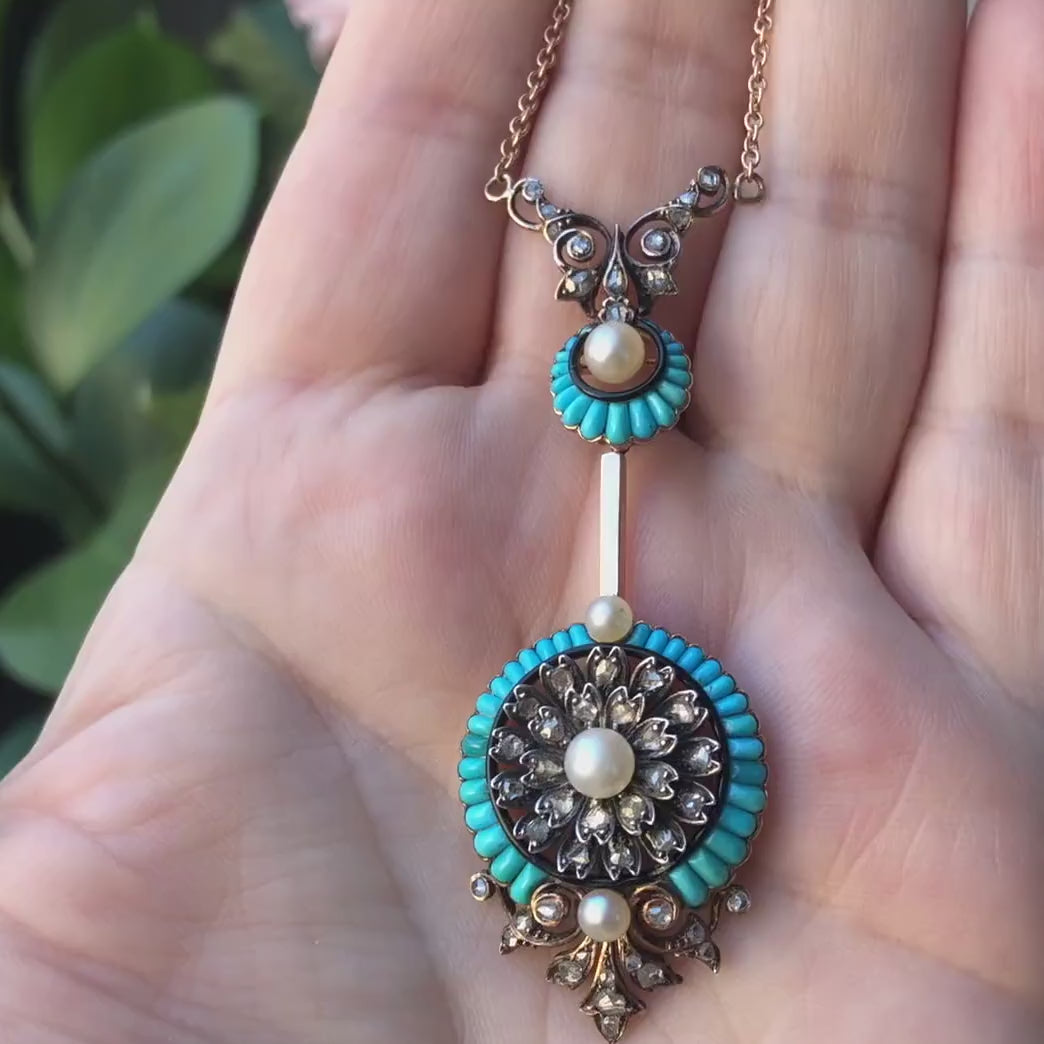 Victorian Turquoise & Diamond Pendant Necklace, sold by Doyle & Doyle antique and vintage jewelry boutique