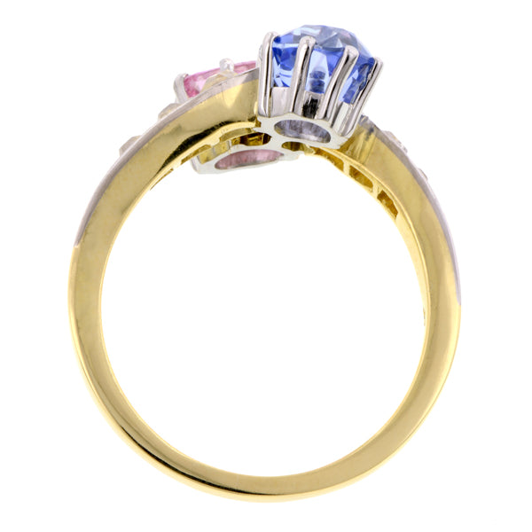 Antique Ring, a yellow gold ring with Pink & Blue Sapphires and Old Mine cut diamonds, sold by Doyle & Doyle an antique & vintage jewelry boutique.