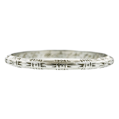 Vintage ring: a Platinum Patterned Wedding Band sold by Doyle & Doyle vintage and antique jewelry boutique.