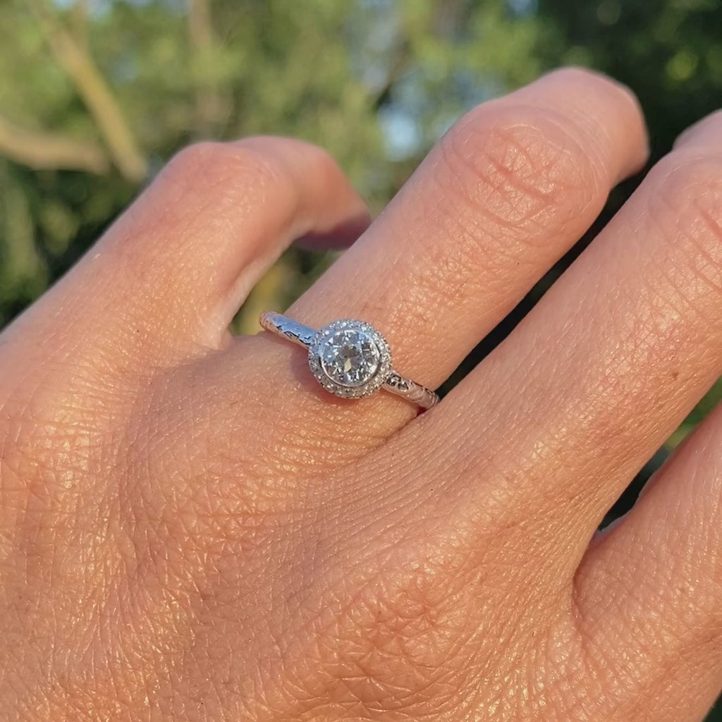 Contemporary ring: Diamond Frame Engagement Ring, Old Euro 0.50ct- Heirloom sold by Doyle & Doyle vintage and antique jewelry boutique.