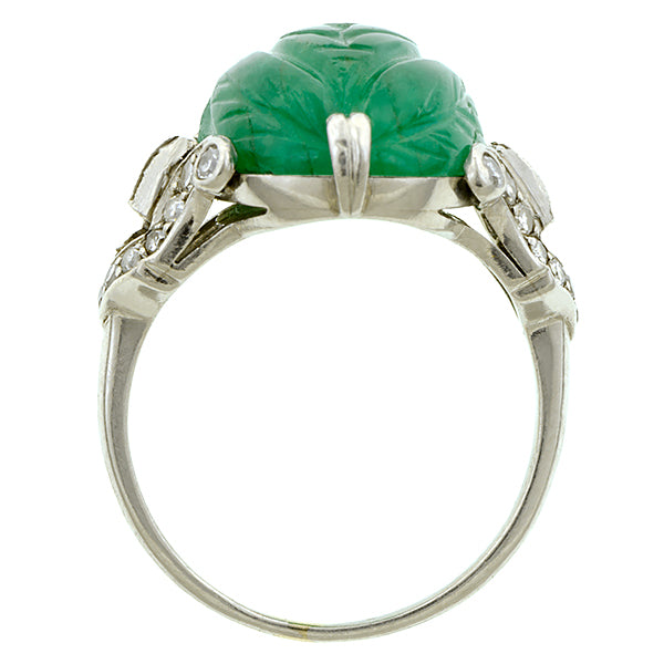 Art Deco Carved Emerald Diamond Ring