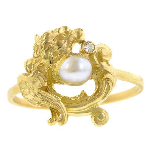 Art Nouveau Pearl & Diamond Griffin Ring:: Doyle & Doyle