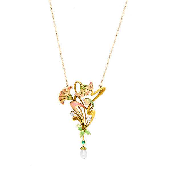 Art Nouveau Emerald Pearl Enameled* Necklace