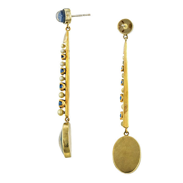 Moonstone Sapphire & Pearl Drop Earrings:: Doyle & Doyle