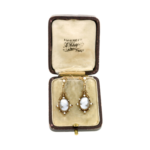 Victorian Cameo, Pearl* & Diamond Drop Earrings