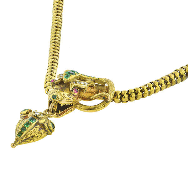 Victorian Emerald & Diamond Snake Necklace