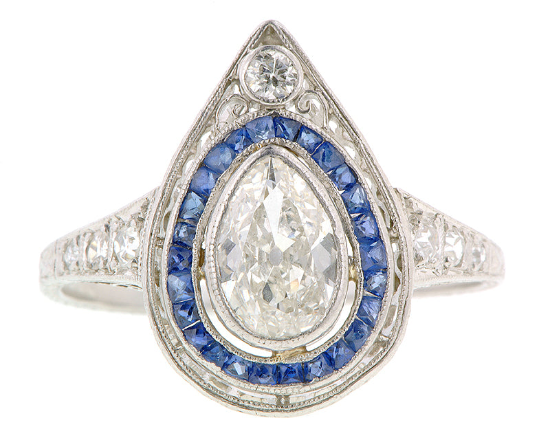Art Deco Pear Shape .70ct Diamond & Sapphire* Platinum Engagement Ring