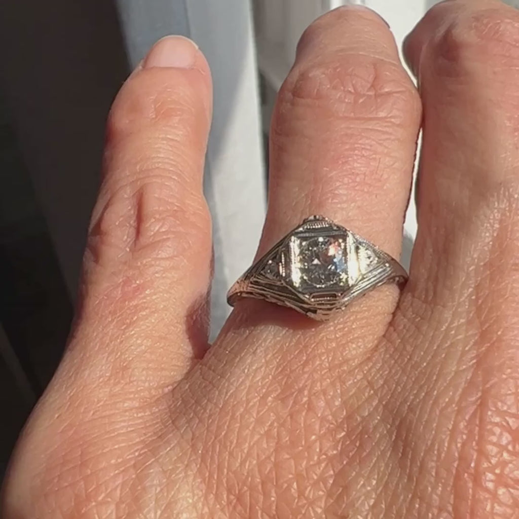 Vintage Filigree Diamond Engagement Ring, Old Euro 0.30ct. sold by Doyle and Doyle an antique and vintage jewelry boutique