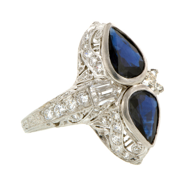 Art Deco Twin Stone Sapphire & Diamond Ring::Doyle & Doyle