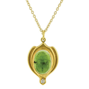 Art Nouveau Nephrite & Diamond Scarab Pendant Necklace