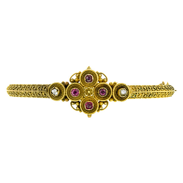 Etruscan Revival Ruby & Pearl Bangle Bracelet::  Doyle & Doyle