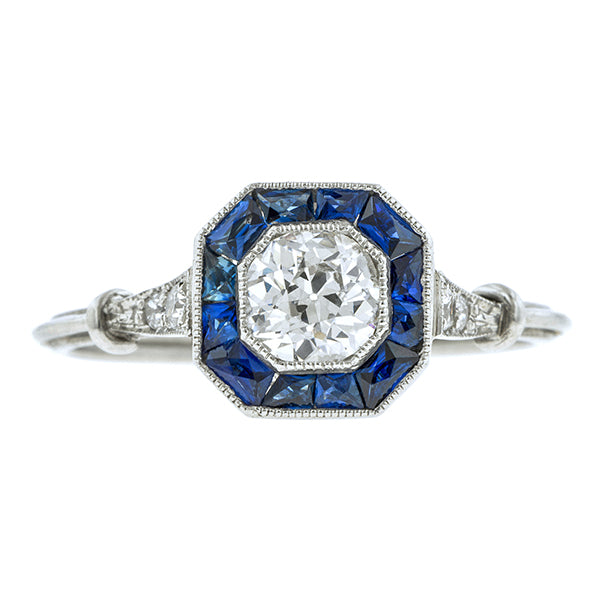 Estate Diamond & Sapphire Engagement Ring, Old Euro 0.50ct:: Doyle & Doyle