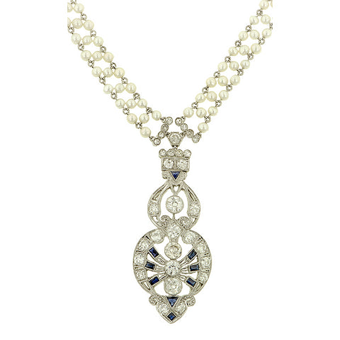 Art Deco Diamond Sapphire* & Pearl Sautoir Necklace