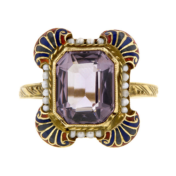Art Deco Amethyst, Pearl & Enamel Ring