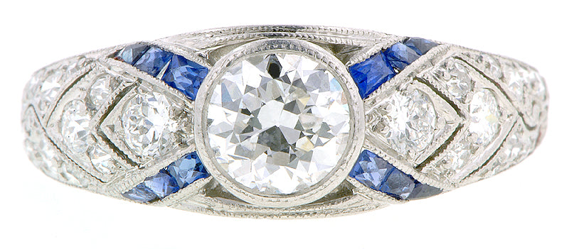 Art Deco TRB .60ct Diamond & Sapphire* Platinum Engagement Ring :: Doyle & Doyle