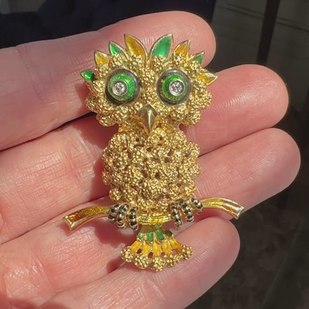 Vintage Enamel Owl Pin sold by Doyle and Doyle an antique and vintage jewelry boutique