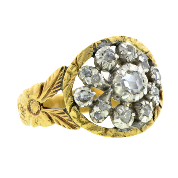 Georgian ring: a Yellow Gold & Silver Rose Cut Diamond Cluster Engagement Ring sold by Doyle & Doyle vintage and antique jewelry boutique.