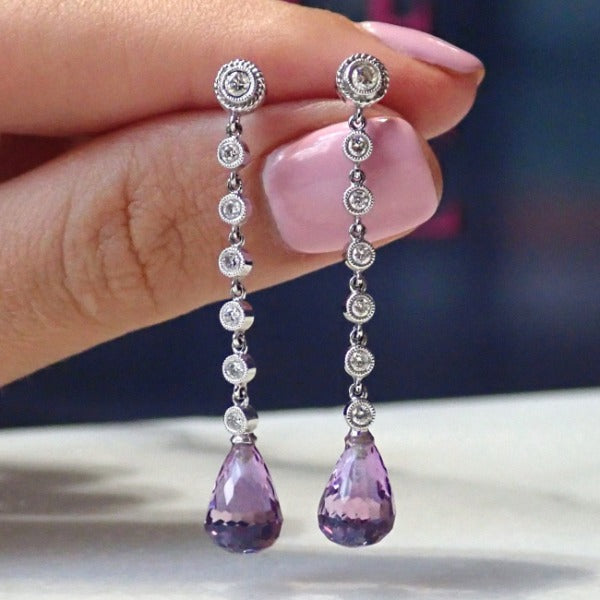 Diamond & Amethyst Briolette Drop Earrings sold by Doyle & Doyle vintage and antique jewelry boutique.